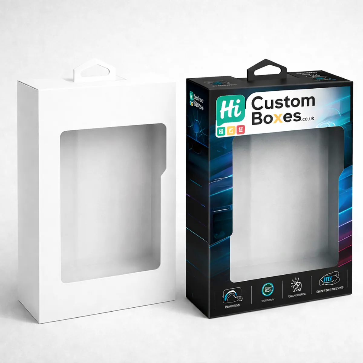 Retail display boxes with large transparent windows and hanging tabs, shown in both plain white and branded black. class=